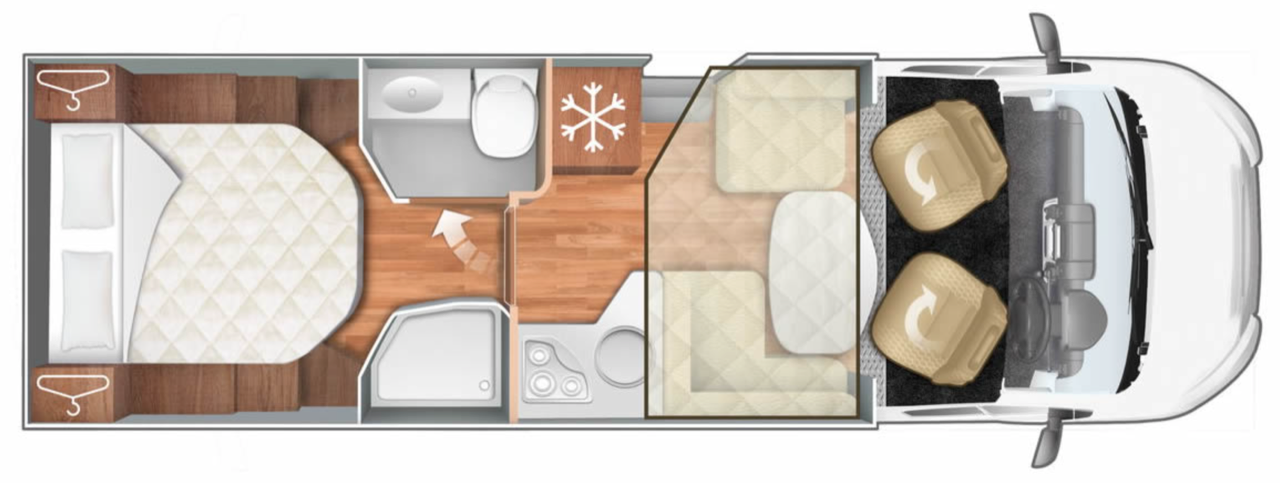 4 berth just go motorhome layout of bedroom, toilet, shower and dining facilities