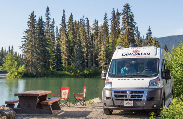 Camper parked next to a lake in Whitehorse