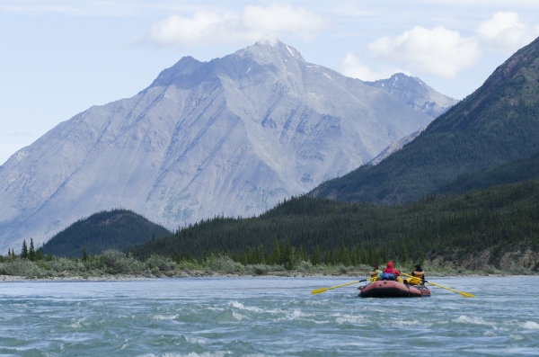 White water rafting along river in Yukon