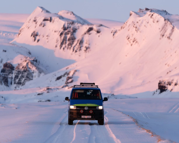 driving the happy campervan in the snow