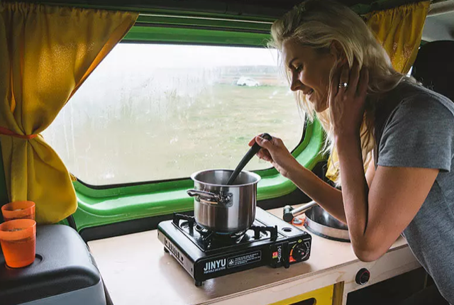 happy campervan cooking